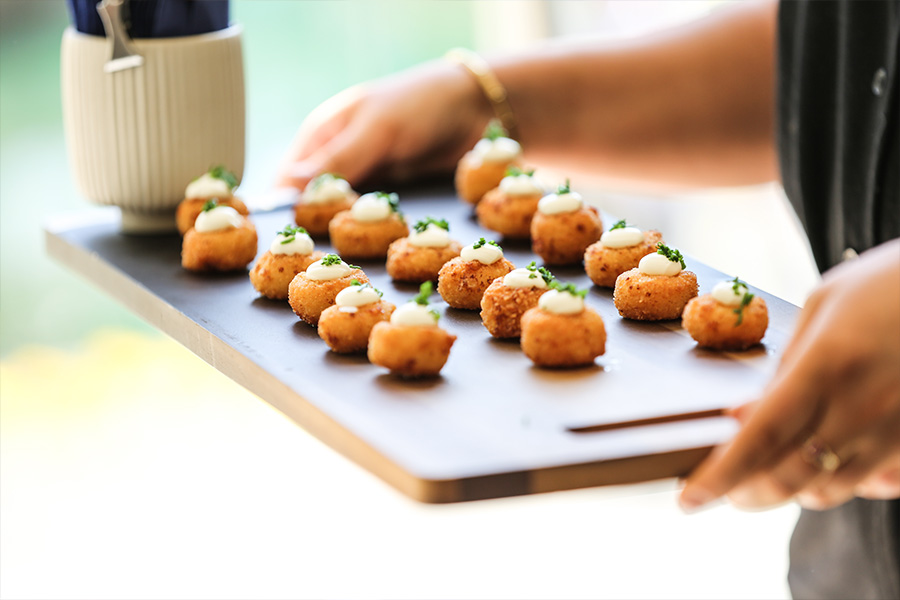 Luxury wedding canapés served on a tray during a Wiltshire wedding reception