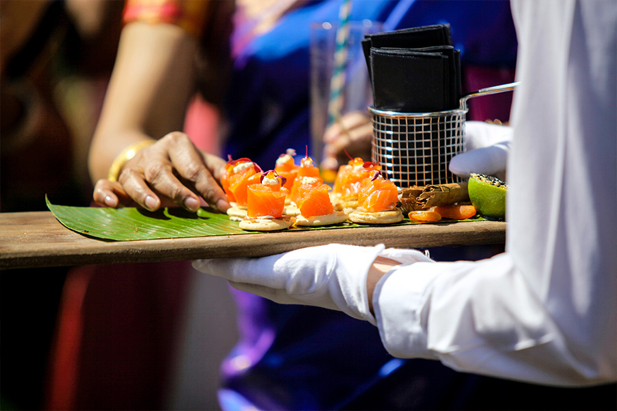 Luxury wedding canapés being served to guests at a Wiltshire wedding reception