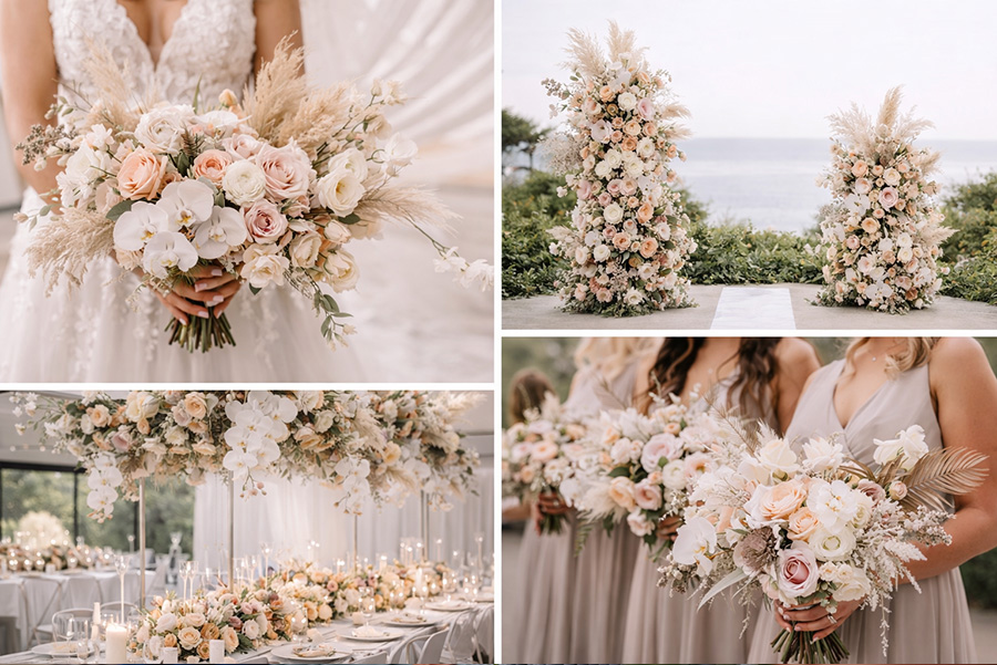 Luxury Wiltshire wedding flowers featuring bridal bouquets, floral ceremony arches, reception table flowers and bridesmaids bouquets.