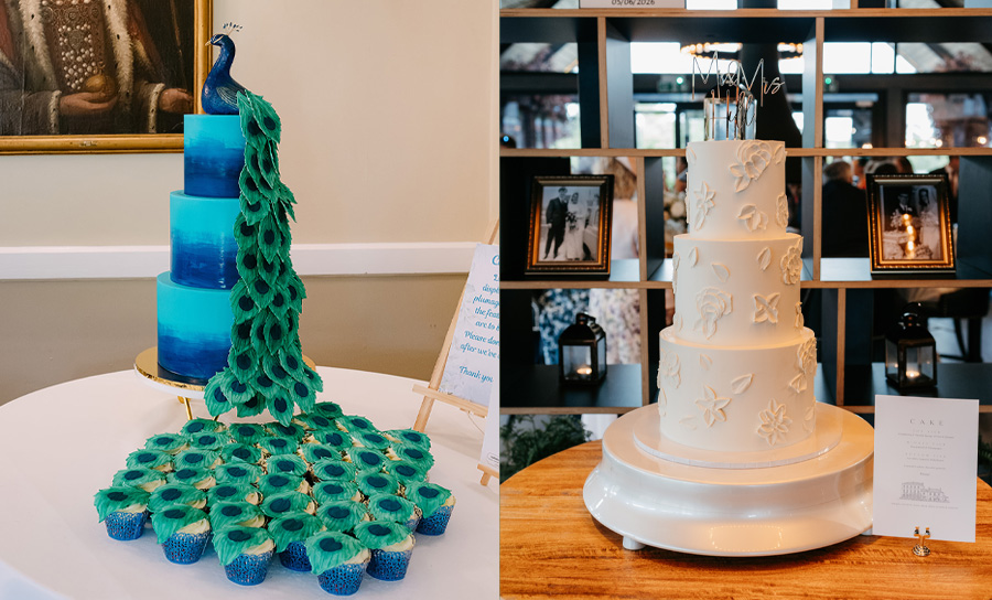 Peacock themed wedding cake by CK Bakes with matching cupcakes for a wedding in Wiltshire