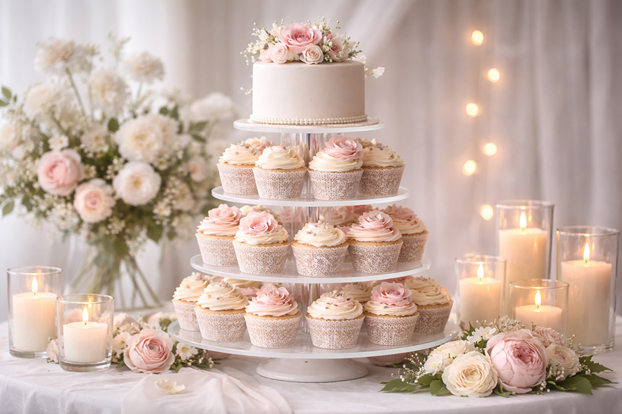 Elegant wedding cupcake tower with floral wedding cake for a Wiltshire wedding