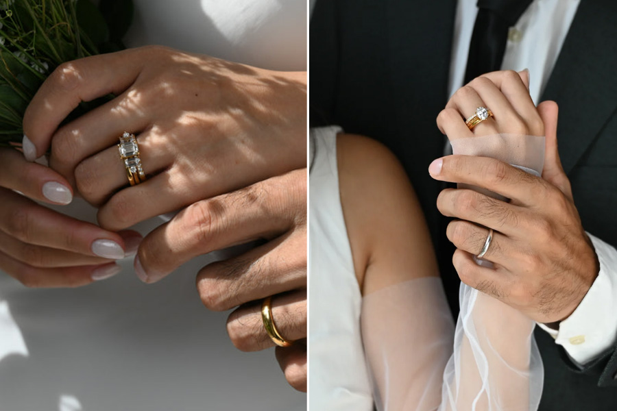 Couples wearing handcrafted wedding and engagement rings by Hannah McDanielson Jewellery in Wiltshire