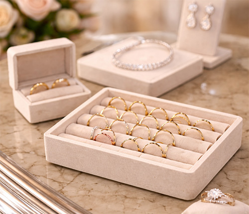 Collection of gold wedding rings displayed by a Wiltshire wedding jeweller